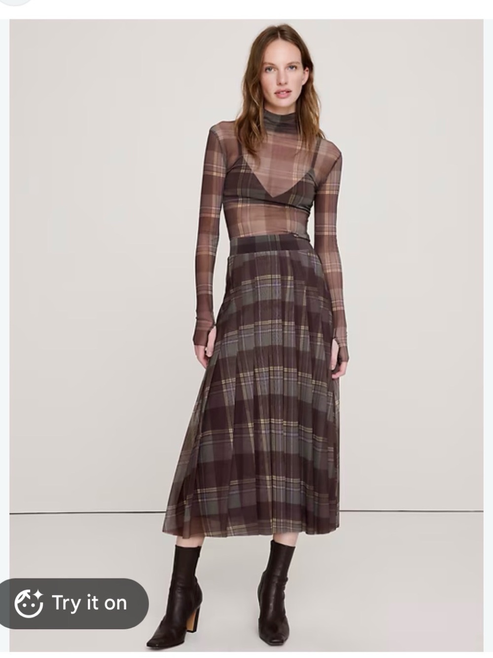 Mesh Plaid Midi Skirt from Banana Republic